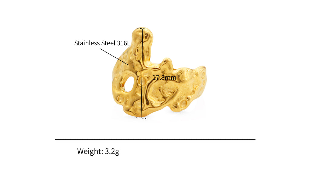 Wide Waterproof Hammered Bumpy Open Ring Lava Textured Concave Convex Surface Ring - PVD 18k Gold Plated 316L Stainless Steel_R025-R027