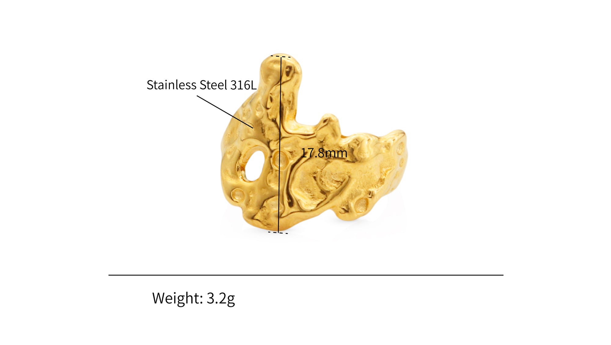 Wide Waterproof Hammered Bumpy Open Ring Lava Textured Concave Convex Surface Ring - PVD 18k Gold Plated 316L Stainless Steel_R025-R027